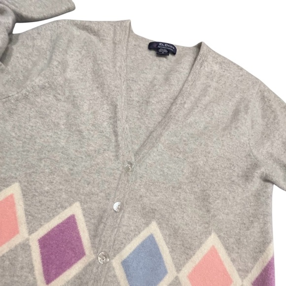 El Daws Cashmere Gray Argyle Button-Up Women's Sweater Size Medium - Picture 3 of 9